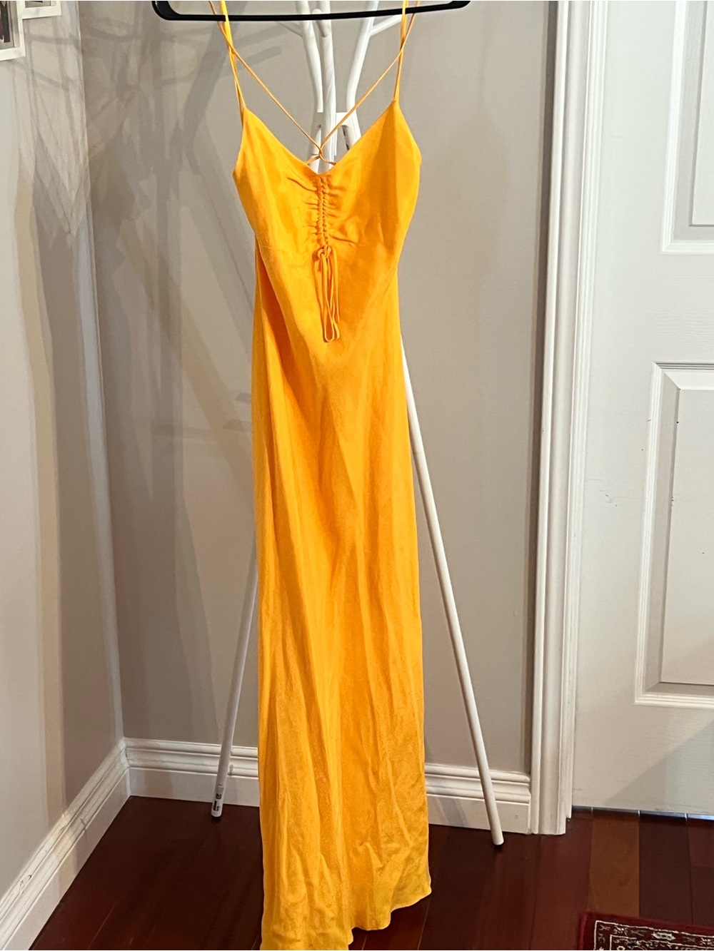 Zara Bright Yellow Spaghetti-Strap Maxi Dress with Front Tie